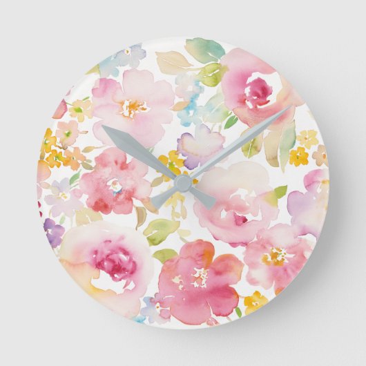 Midzomer | Waterverf Roze Floral Ronde Klok (Voorkant)