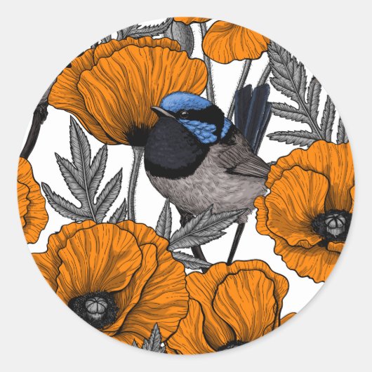 Mierkannen en oranje papaverbloemen 2 ronde sticker (Voorkant)