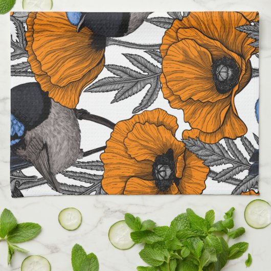 Mierkannen en oranje papaverbloemen 2 theedoek (Gevouwen)