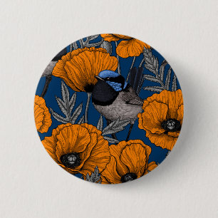 Mierkannen en oranje papaverbloemen ronde button 5,7 cm