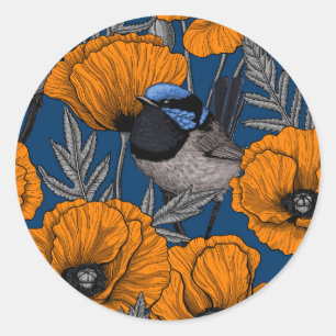 Mierkannen en oranje papaverbloemen ronde sticker