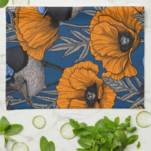 Mierkannen en oranje papaverbloemen theedoek (Gevouwen)