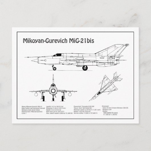 MiG-21 bis - Vliegtuigblauwdruk plannen BD Briefkaart (Voorkant)