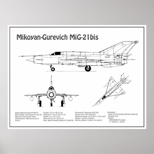 MiG-21 bis - Vliegtuigblauwdruk plannen BD Poster (Voorkant)