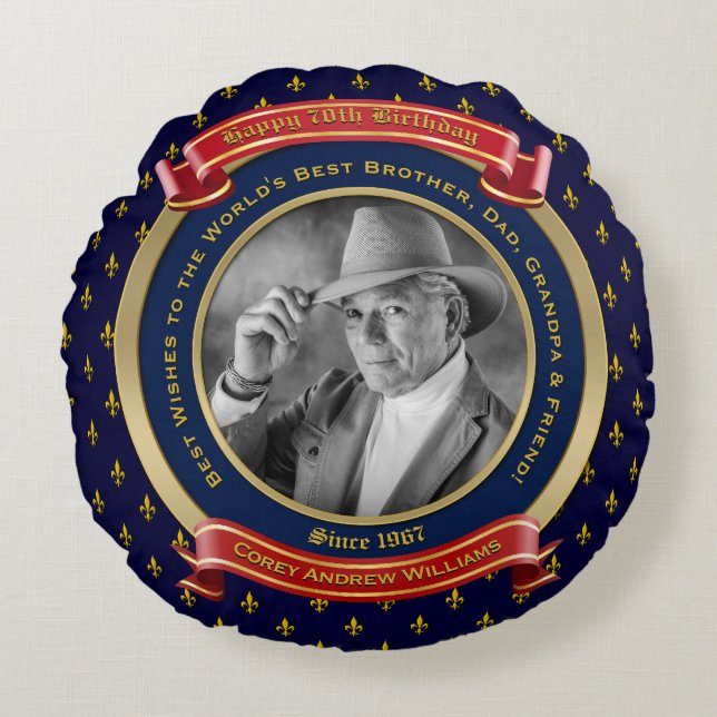 Mijlpaal Birthday Gold Foto 70th Blue Rond Kussen (Voorkant)