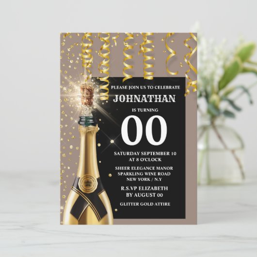 Mijlpaal mousserende wijn goud blauw glitter elke  kaart (Staand voorkant)