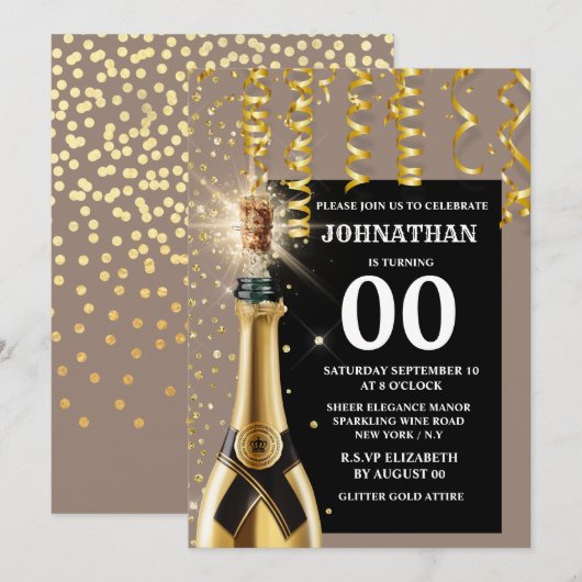 Mijlpaal mousserende wijn goud blauw glitter elke kaart (Voorkant / Achterkant)