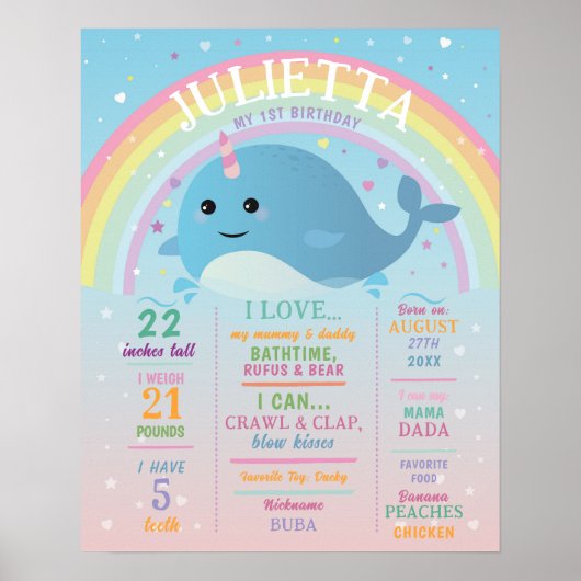Mijlpaal Narwhal Poster Meisjes 1e Regenboog (Voorkant)