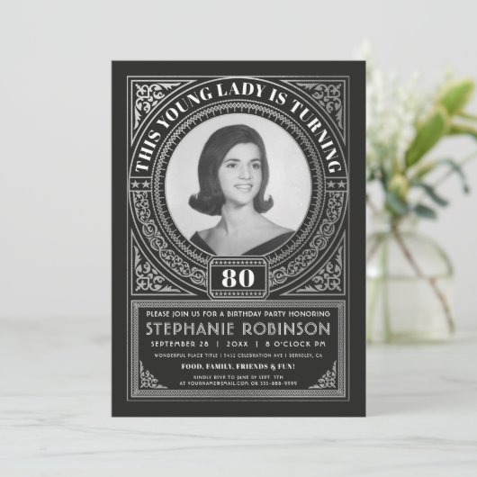 Mijlpaal op zaterdag Uitnodigingen Foto Silver Foi (Staand voorkant)