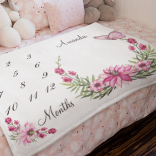 Mijlpaal Roze Aquarel Krans Baby Aandenken Fleece Deken
