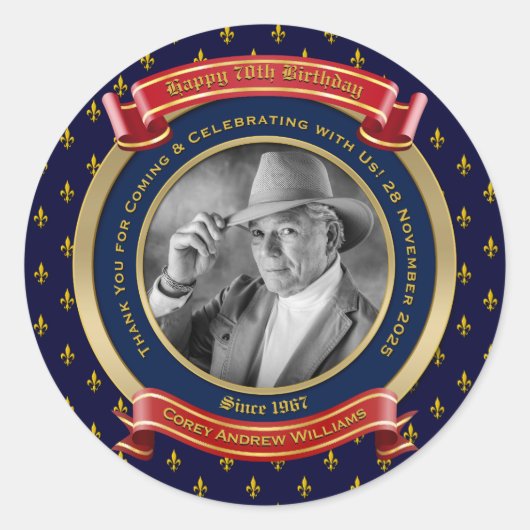 Mijlpaal Verjaardag Goud Foto 70e Zeventig Blauw Ronde Sticker (Voorkant)