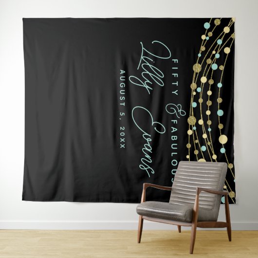 mijlpaal verjaardagsbanner blauwgroen en goud 50e  wandkleed (In Situ (horizontaal))