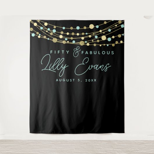 mijlpalen verjaardagsfeest banner turquoise en gou wandkleed (Voorkant)