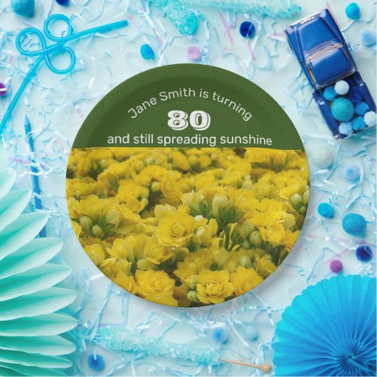Mijlsteen Celebration Yellow Floral 80th Birthday Papieren Bordje (Feest)