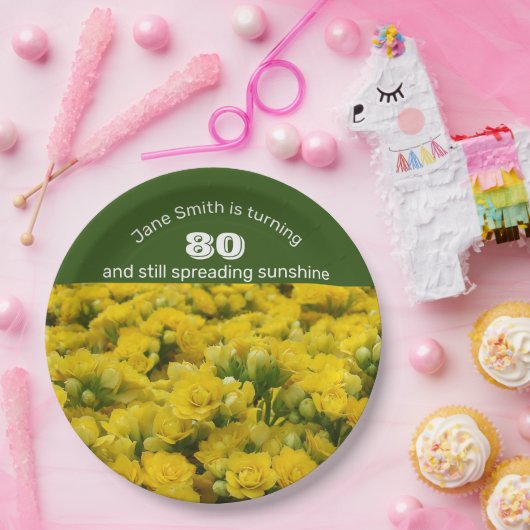 Mijlsteen Celebration Yellow Floral 80th Birthday Papieren Bordje (Feest)