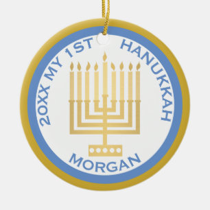 Mijn 1e Chanoeka Foto Blauw Goud Gepersonaliseerd Keramisch Ornament