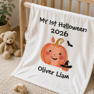 Mijn 1e Halloween 2026 Lachende Pompoen Heks Naam Fleece Deken