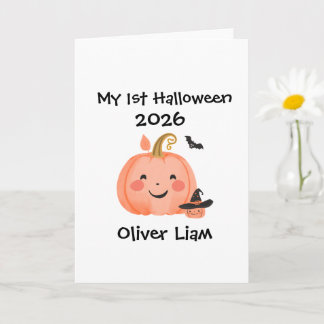 Mijn 1e Halloween 2026 Lachende Pompoen Heks Naam Kaart