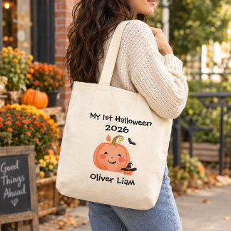 Mijn 1e Halloween 2026 Lachende Pompoen Heks Naam Tote Bag