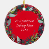 Mijn 1e Kerst Baby Foto Holly Wreath Keramisch Ornament (Achterkant)