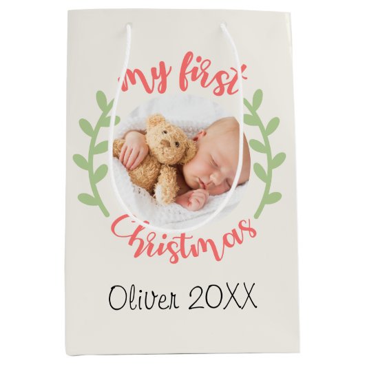 Mijn 1e Kerst Baby Naam FOTO Krans Geschenktassen Medium Cadeauzakje (Voorkant)