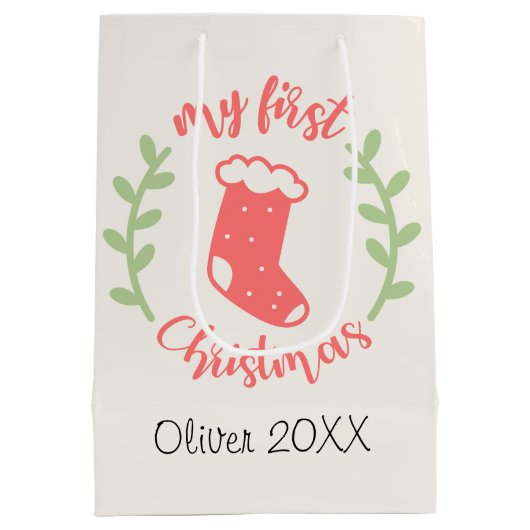 Mijn 1e Kerst Baby Naam FOTO Krans Geschenktassen Medium Cadeauzakje (Achterkant)