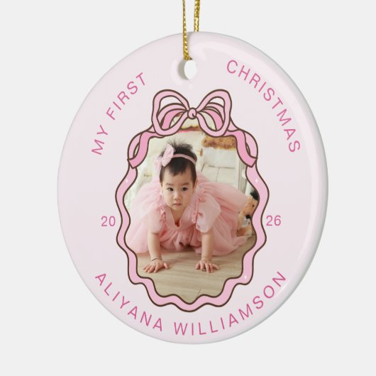 Mijn 1e Kerst Roze Bow Baby Foto Keepsake Keramisch Ornament (Links)