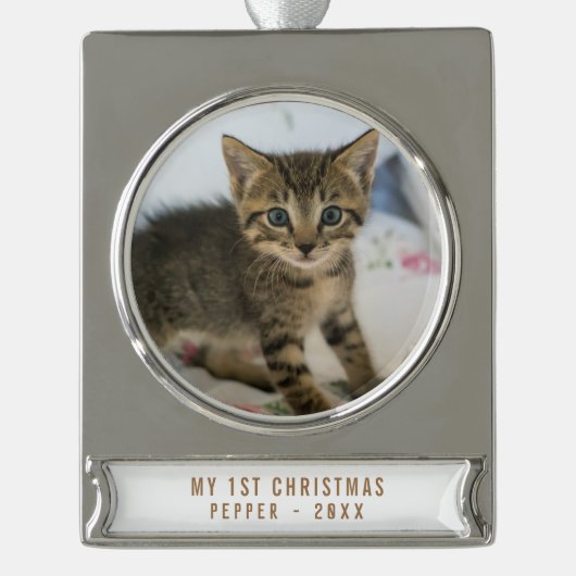 Mijn 1e Kerstkattenfoto Keepsake Verzilverd Banner Ornament (Voorkant)