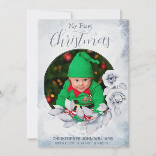 Mijn 1e Kerstmis Zilver Bloemen Baby Foto Vakantie Feestdagenkaart (Voorkant)