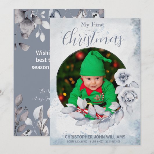 Mijn 1e Kerstmis Zilver Bloemen Baby Foto Vakantie Feestdagenkaart (Voorkant / Achterkant)