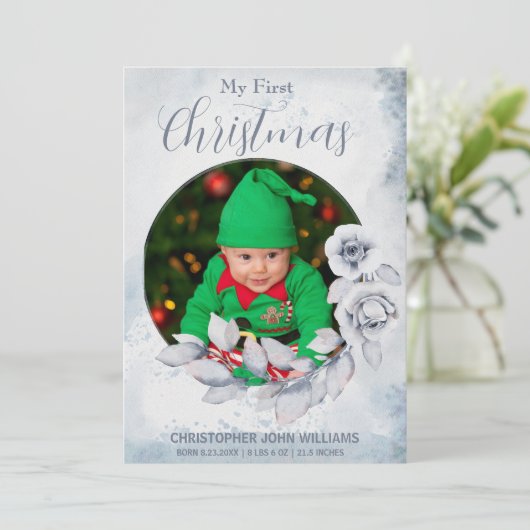 Mijn 1e Kerstmis Zilver Bloemen Baby Foto Vakantie Feestdagenkaart (Staand voorkant)