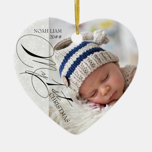 Mijn 1e Kerstscript Foto Snowflake Hart Keramisch Ornament (Voorkant)