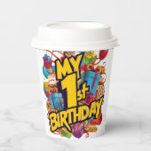 Mijn 1e verjaardag koekjes taart en ballonnen papieren bekers (Voorkant)