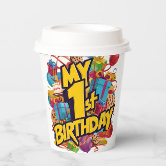 Mijn 1e verjaardag koekjes taart en ballonnen papieren bekers