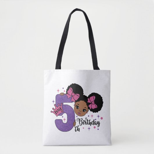 Mijn 5e Verjaardag Zwart Meisje Glitter Princess D Tote Bag (Voorkant)