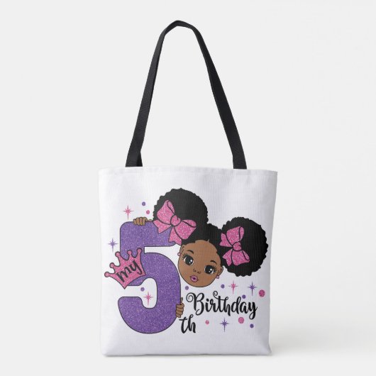 Mijn 5e Verjaardag Zwart Meisje Glitter Princess D Tote Bag (Achterkant)
