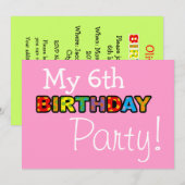 Mijn 6e verjaardag feestje kaart (Voorkant / Achterkant)
