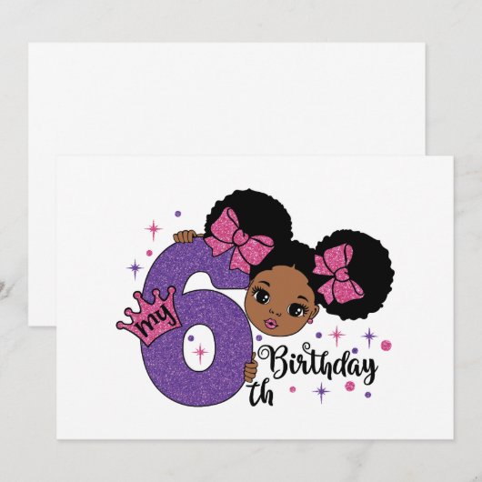 Mijn 6e Verjaardag Meisje Afro Haar Roze Glitter B Kaart (Voorkant / Achterkant)