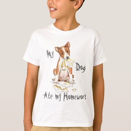 Mijn Basenji Ate Mijn thuiswerk T-shirt (Voorkant)