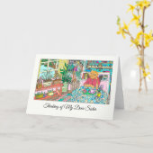 Mijn beste zuster met kat aan tafel denken kaart (Gele Bloem)