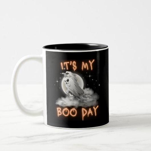 Mijn Boo Day Cool Halloween Birthday White Ghost Tweekleurige Koffiemok (Links)