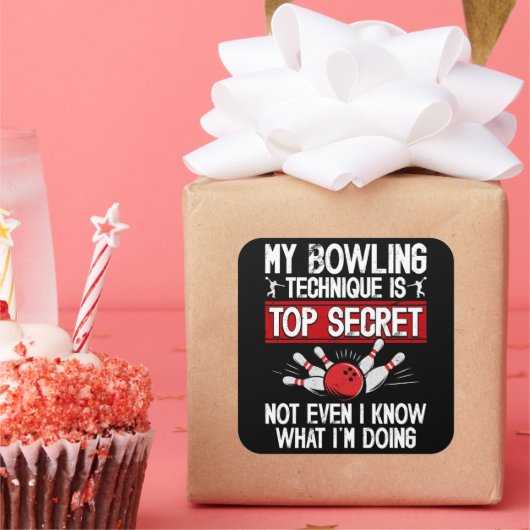 Mijn Bowlingtechniek Is Top Geheim Grappige Bowlin Vierkante Sticker (Feest)