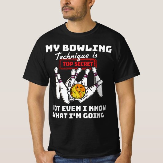 Mijn bowlingtechniek is topgeheim grappig t-shirt (Voorkant)