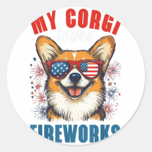 Mijn Corgi houdt van vuurwerk 4 juli Patriottische Ronde Sticker