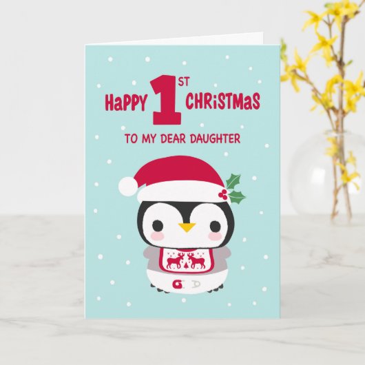Mijn dochter Eerste Kerstmis met Baby Penguin Kaart (Gele Bloem)