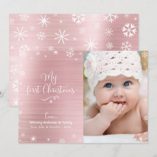Mijn eerste Baby met Kerstmis Foto Snowflakes Roos Feestdagenkaart