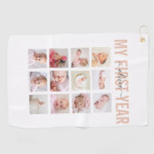 Mijn eerste Baby naam 12 Foto Collage Golfhanddoek (Horizontaal)