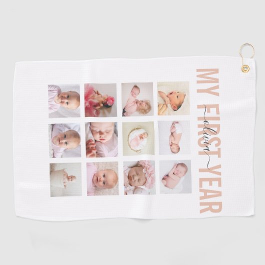 Mijn eerste Baby naam 12 Foto Collage Golfhanddoek (Horizontaal)