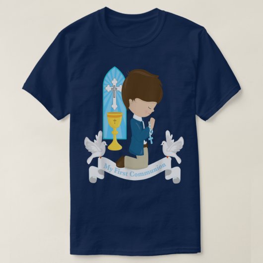 Mijn eerste communie Gift Kinder Son Boy Brunette  T-shirt (Design voorkant)
