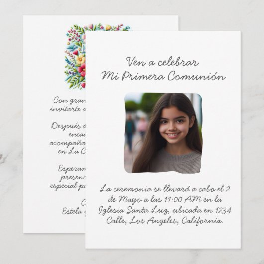 Mijn Eerste Communie met foto Kruis en Bloemen Kaart (Voorkant / Achterkant)